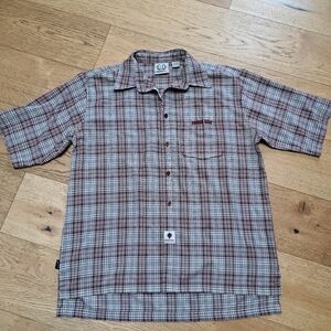 Vtg Mecca USA Burgundy Plaid 90s HipHop Skater Button Down Shortsleeve Shirt L